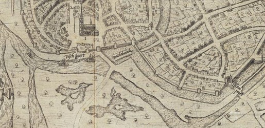 <p>Op deze stadsplattegrond door Lodovico Guicciardini uit 1581 is aan de zuidzijde van de stad  een open haven nabij de Vispoort te zien. Hier konden schepen aanleggen voor het laden en lossen van hun handelswaar.</p>
